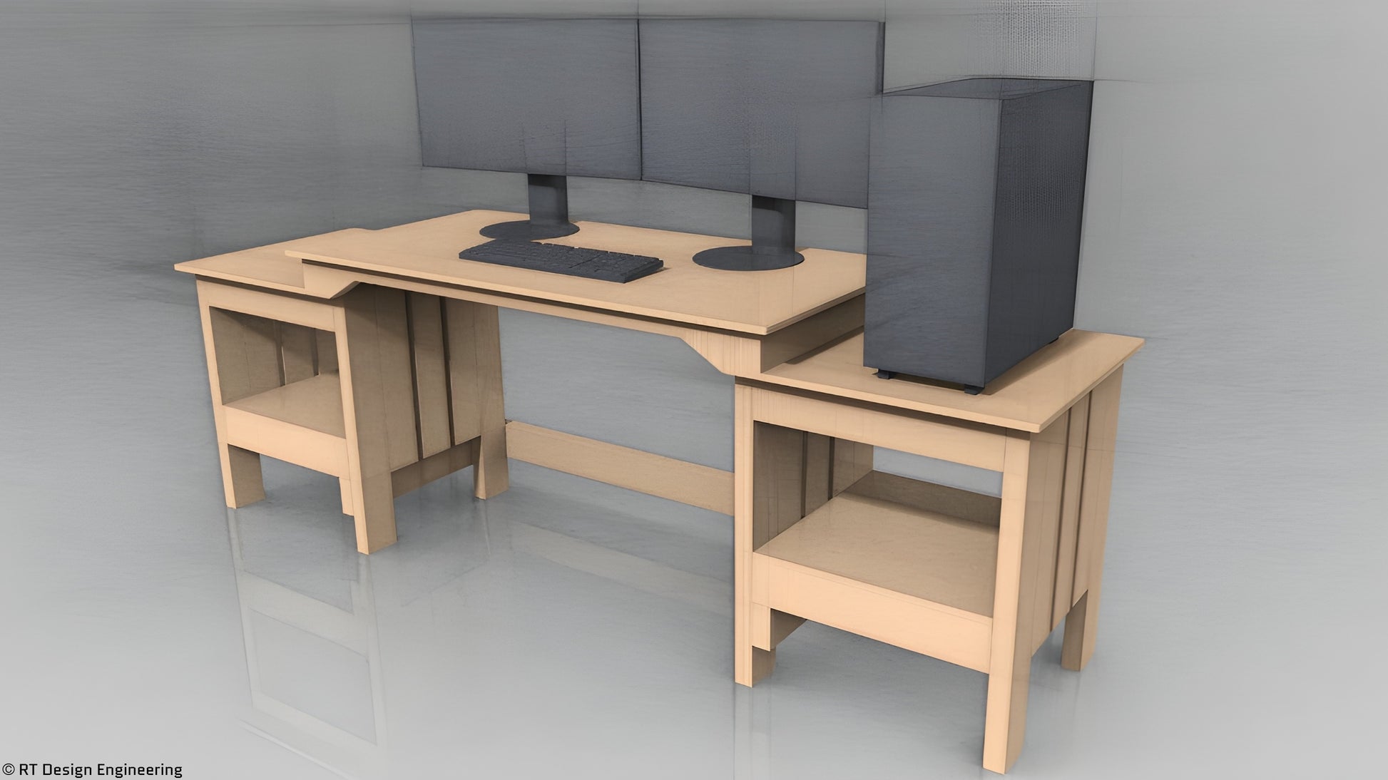 Dual Wooden Shelf Attachments - For 2ft x 4ft Desk (With Dual 27" Monitors and Mid Tower PC Case)